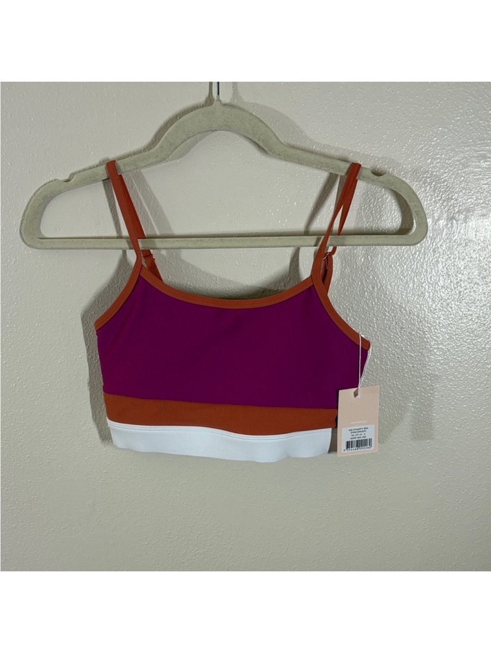 Colorblock Thin-Strap Sports Bra in Magenta, Rust & White
